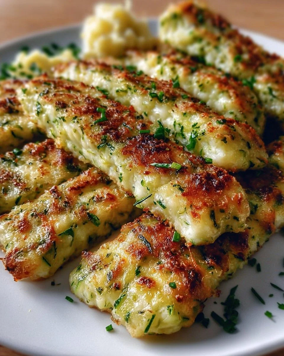 Cheesy zucchini breadsticks served on a plate garnished with herbs