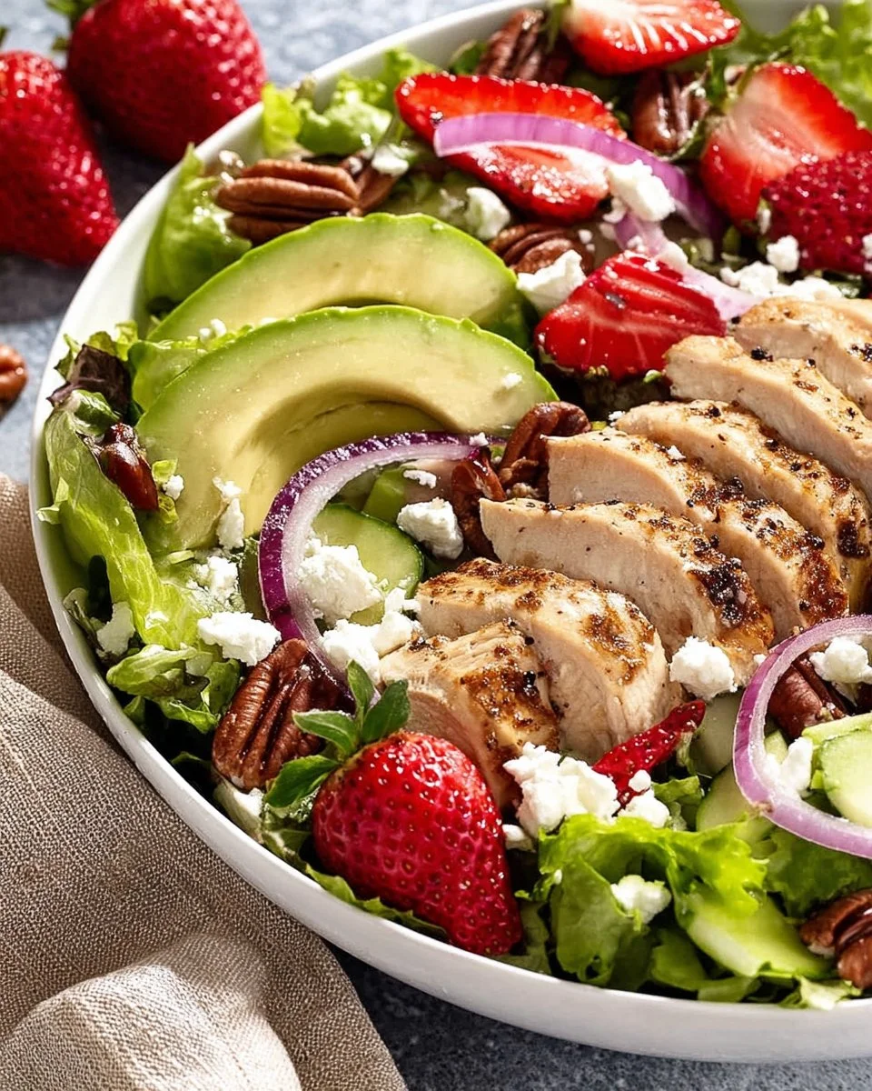 Delicious Chicken Strawberry Salad with fresh strawberries and grilled chicken
