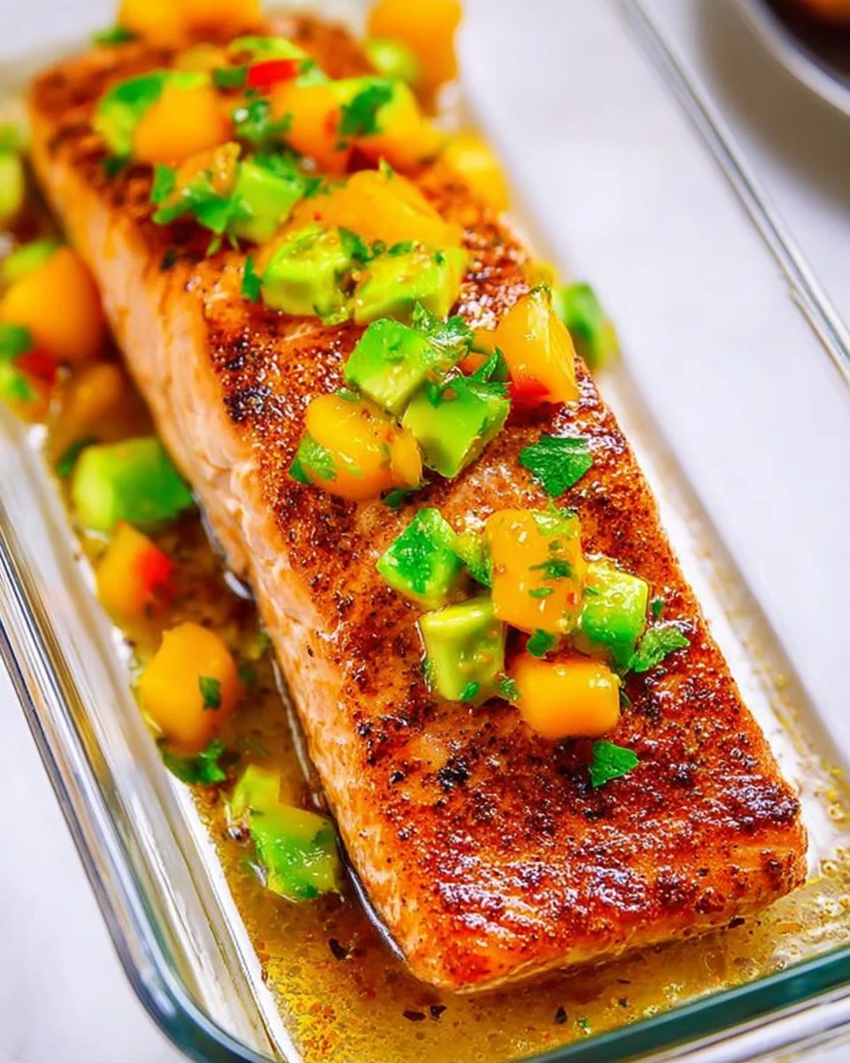 Grilled Chile Lime Salmon topped with mango avocado salsa on a plate