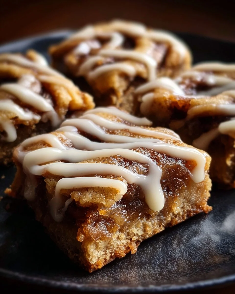 Delicious Cinnamon Roll Bliss Bars topped with frosting and cinnamon