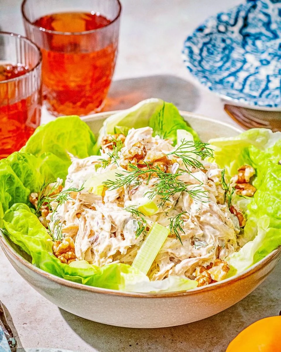 Bowl of classic chicken salad with fresh vegetables and herbs