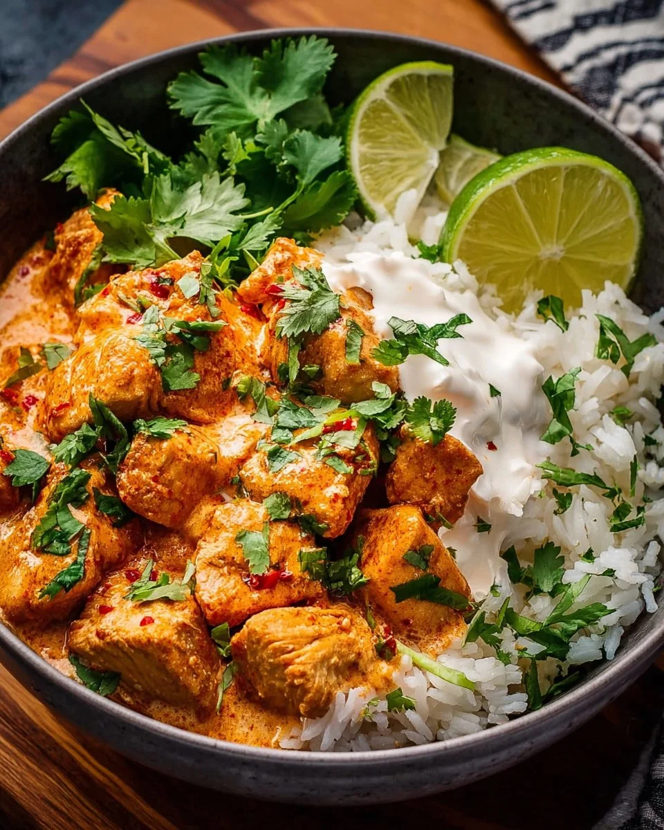 Delicious Coconut Chicken Rice Bowl garnished with fresh cilantro and lime
