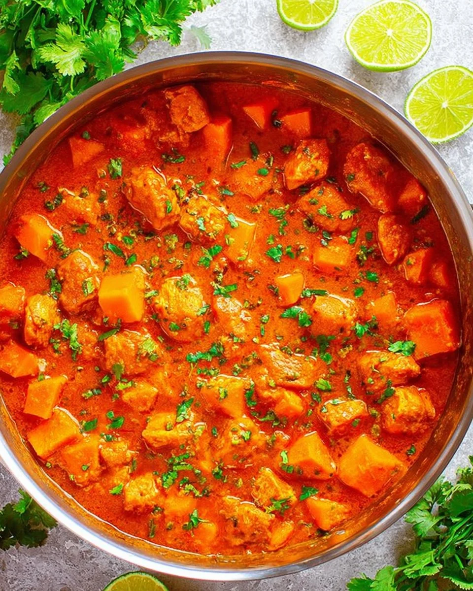 Plate of Coconut Lime Chicken with Sweet Potato Curry topped with fresh herbs