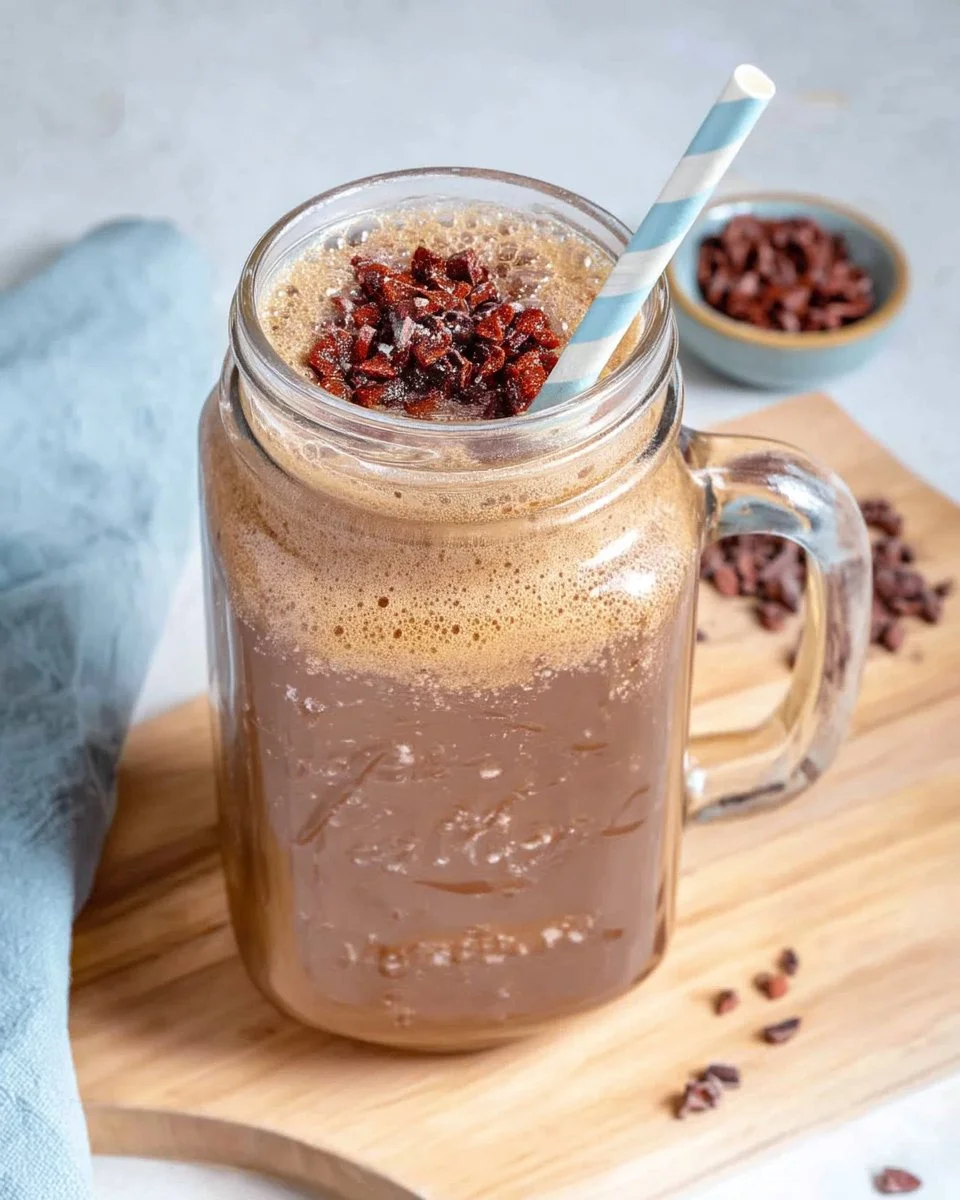 Delicious coffee protein shake in a glass with coffee beans and protein powder