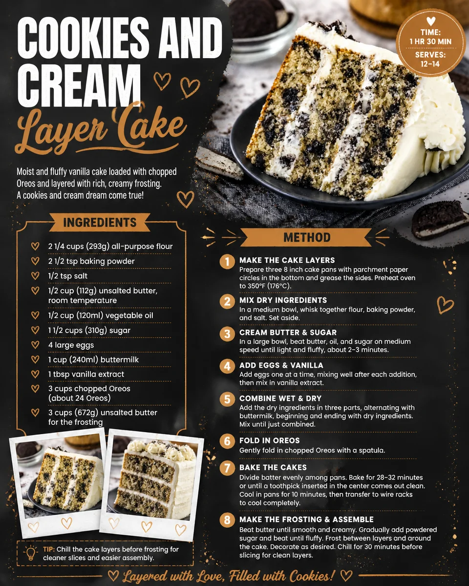 Delicious Cookies and Cream Layer Cake with layers of chocolate and cream frosting.