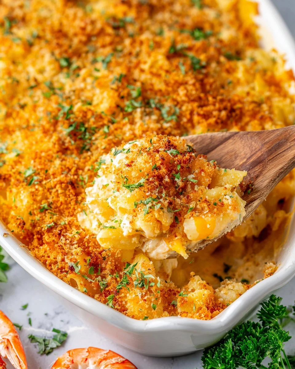 Delicious Crab Macaroni and Cheese topped with breadcrumbs and fresh herbs.