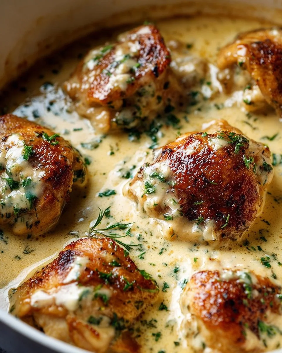 Creamy baked chicken thighs served on a plate with herbs and sauce