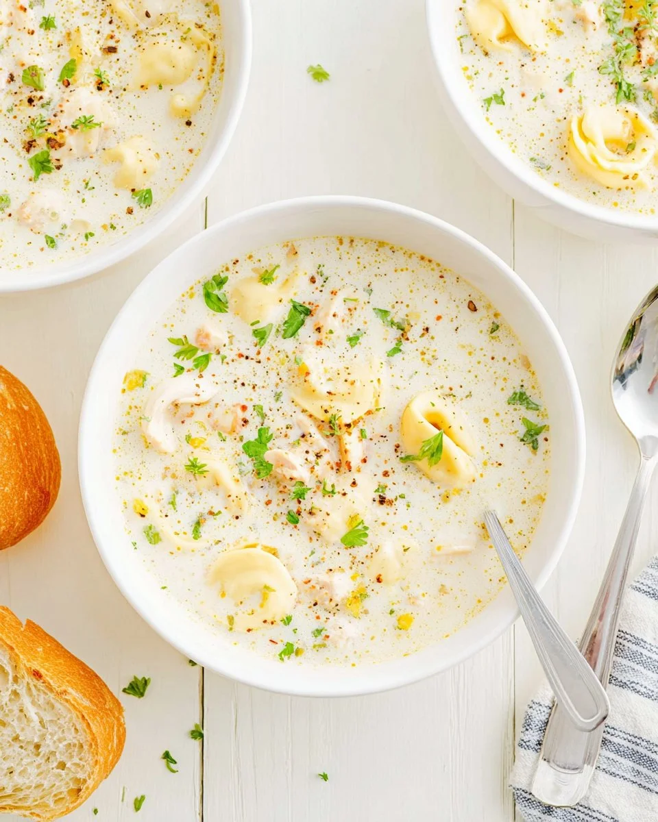Bowl of creamy chicken tortellini soup garnished with herbs