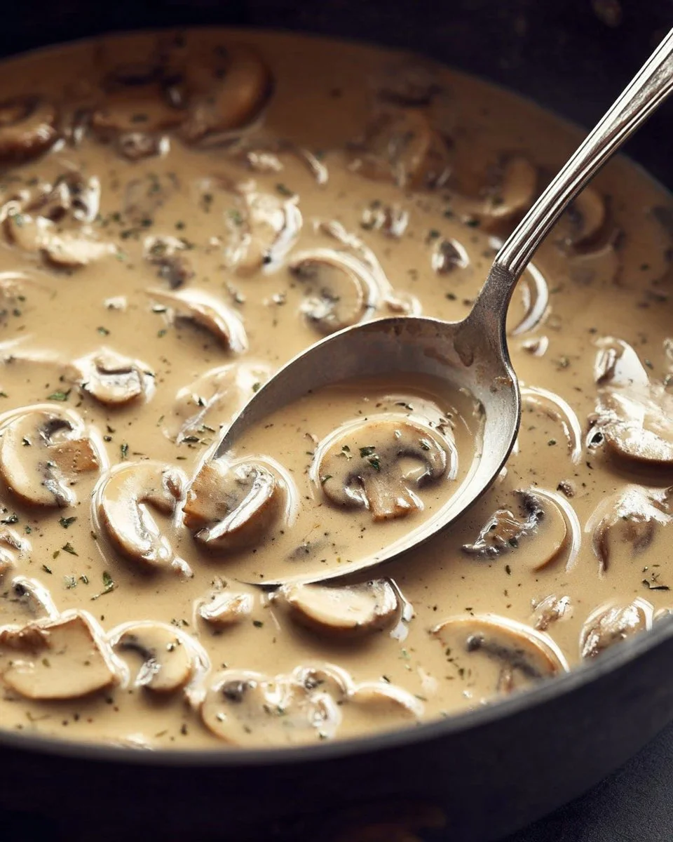 Creamy mushroom sauce served over pasta and vegetables