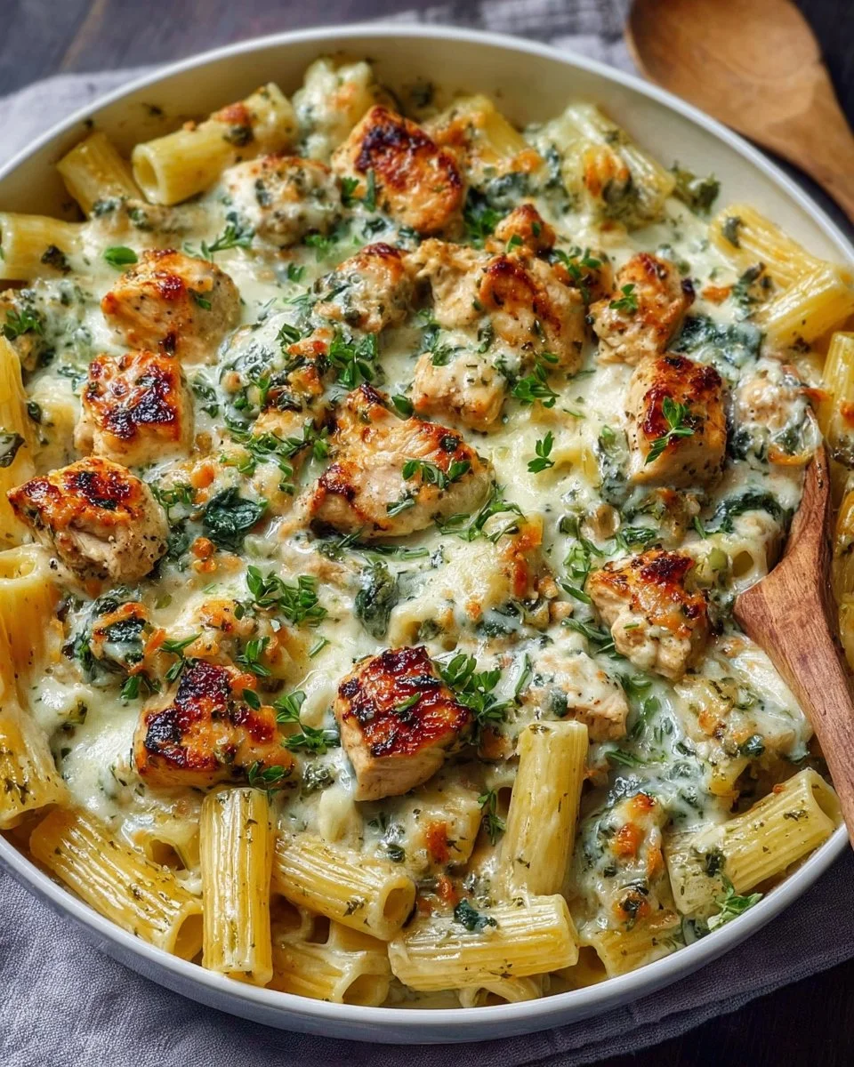 Creamy pesto chicken pasta bake served in a bowl with fresh basil garnish.
