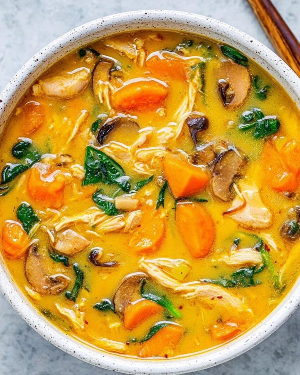 Bowl of creamy sweet potato chicken soup garnished with herbs