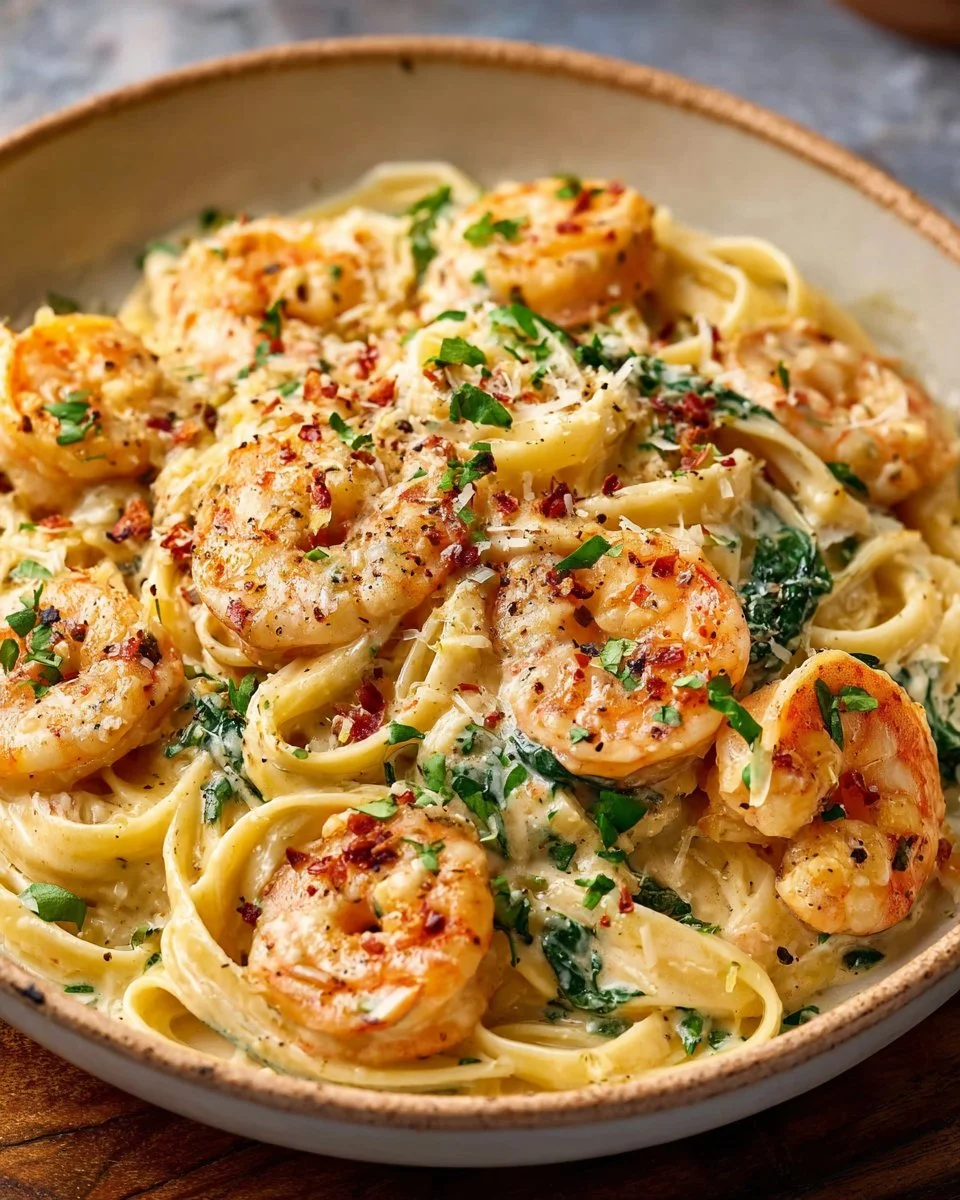 Creamy Tuscan shrimp linguine dish with shrimp and pasta in a rich sauce.