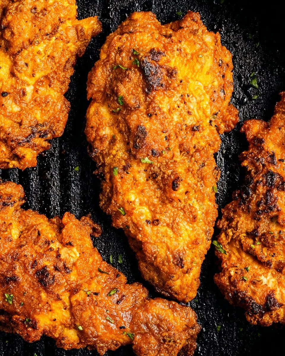 Delicious crispy oven fried chicken served with a side of vegetables
