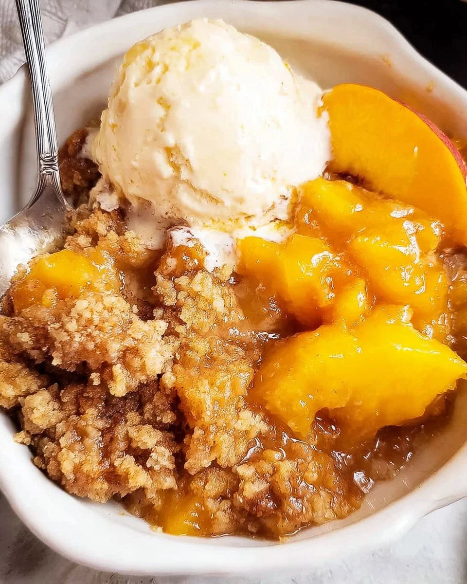 Delicious Crockpot Peach Cobbler served warm with ice cream