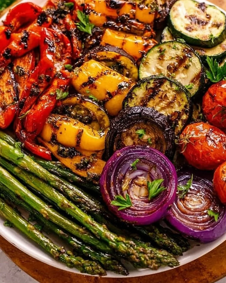 Colorful assortment of grilled veggies with marinade on a summer grill