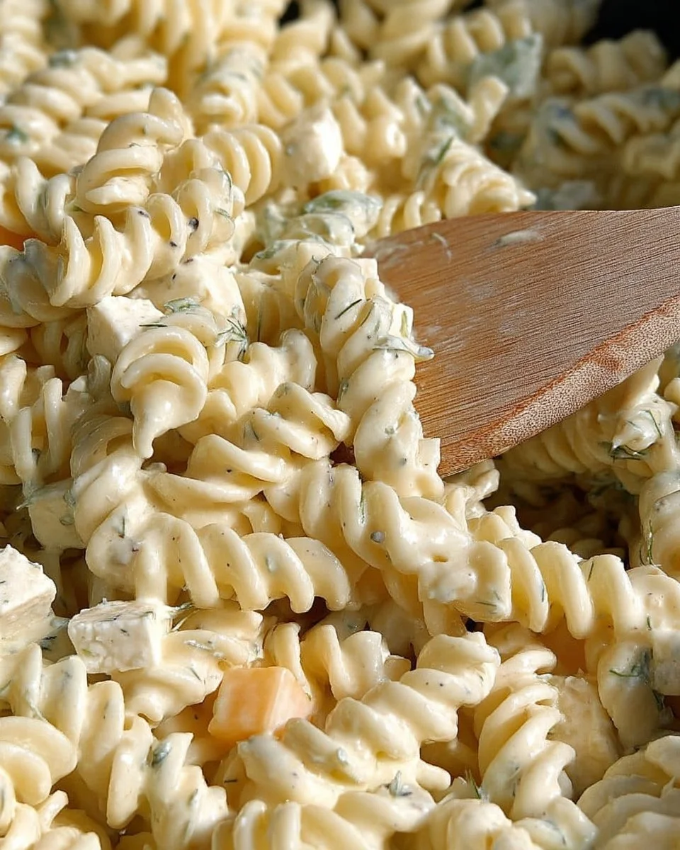 Bowl of Dill Pickle Pasta Salad with fresh herbs and dill pickles
