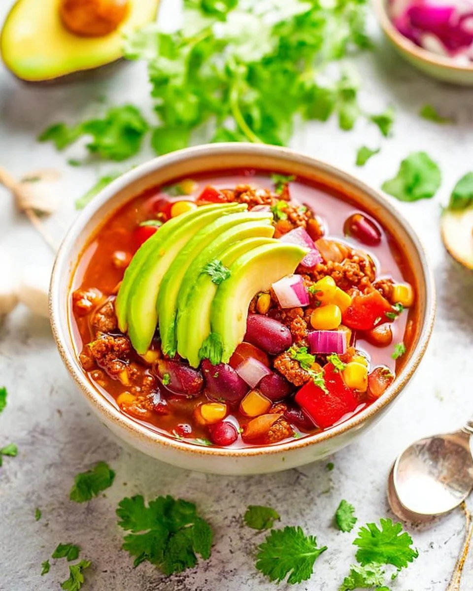 Bowl of easy 30-minute taco soup topped with cheese and cilantro