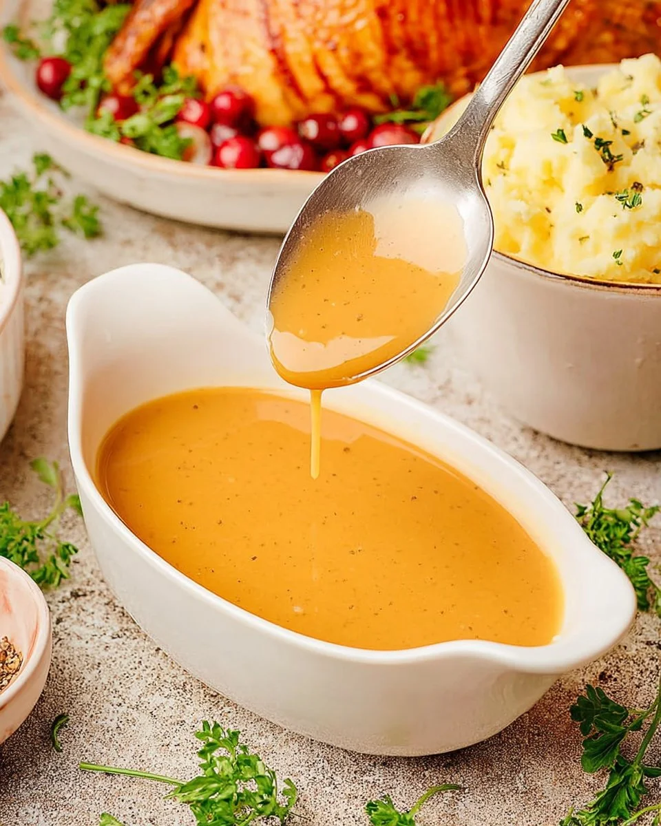 A rich and savory chicken broth gravy served over mashed potatoes.