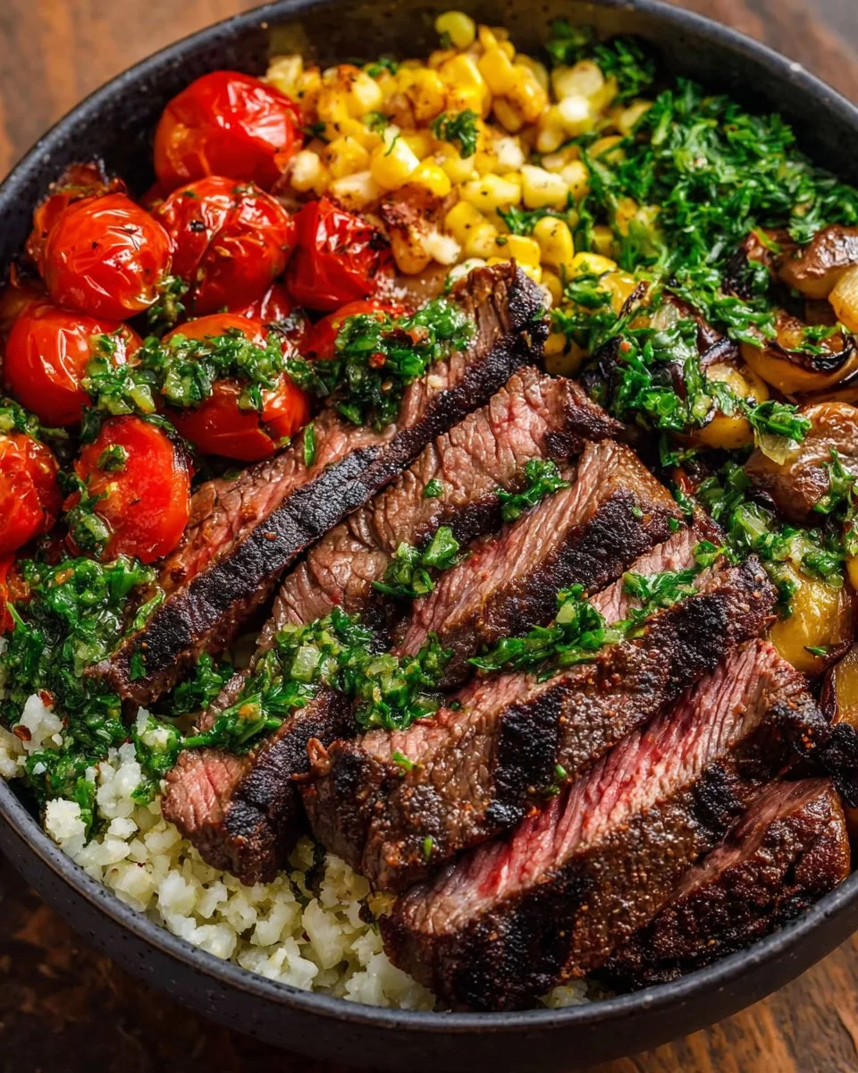 Delicious Mediterranean Steak Bowl with fresh vegetables and herbs