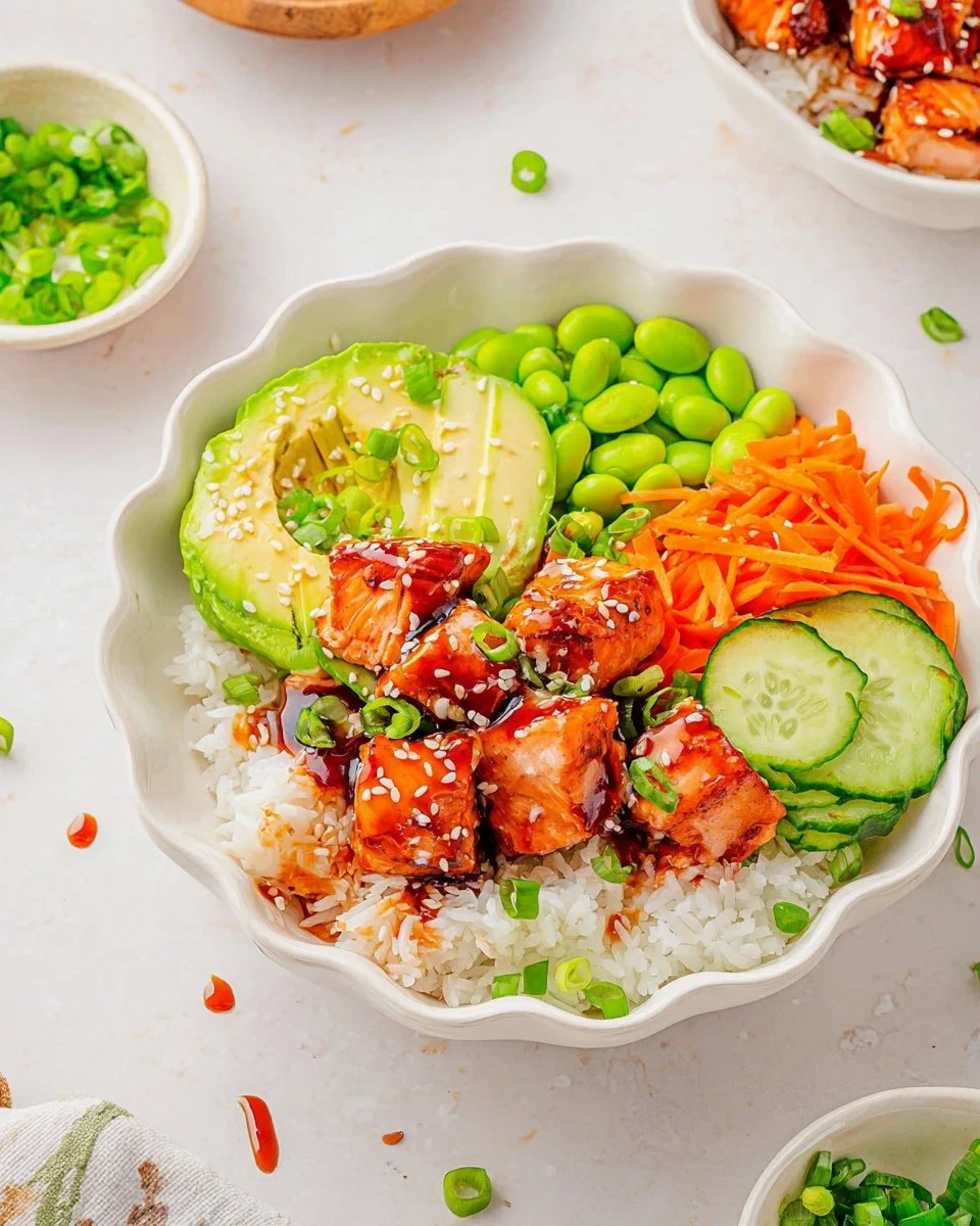 Delicious teriyaki salmon bowl served with vegetables and rice