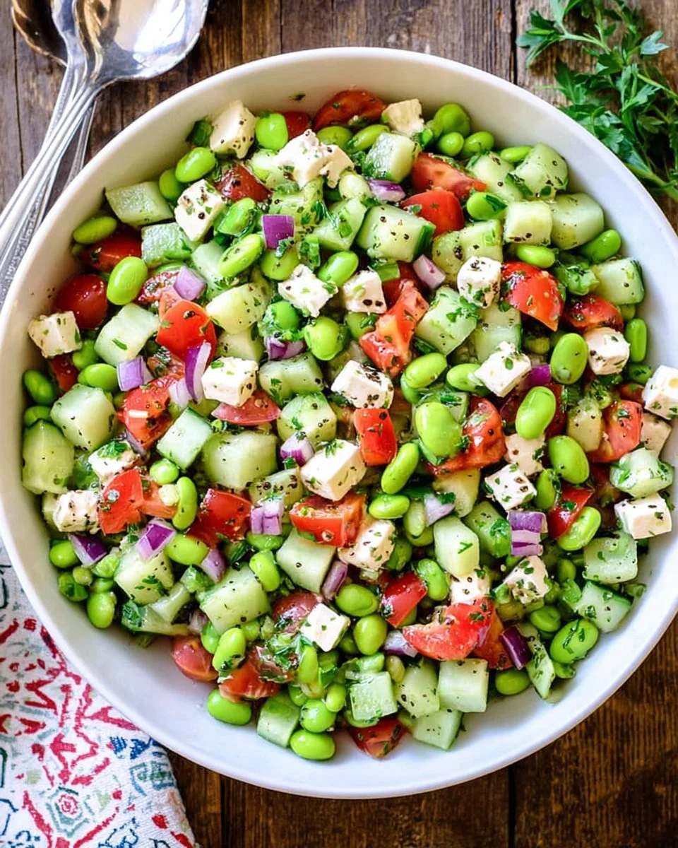 Colorful and fresh edamame salad with vegetables and dressing