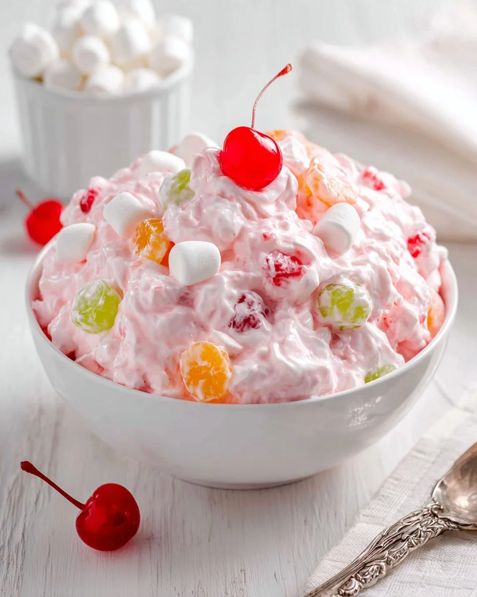 Delicious fruit salad topped with Cool Whip, a perfect summer treat.