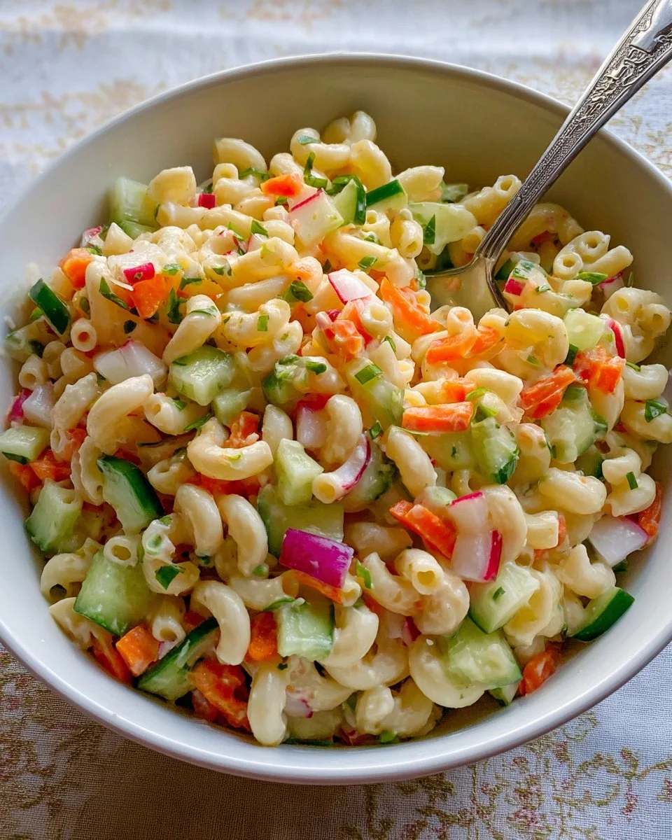 Bowl of Grandma's macaroni salad garnished with herbs and vegetables