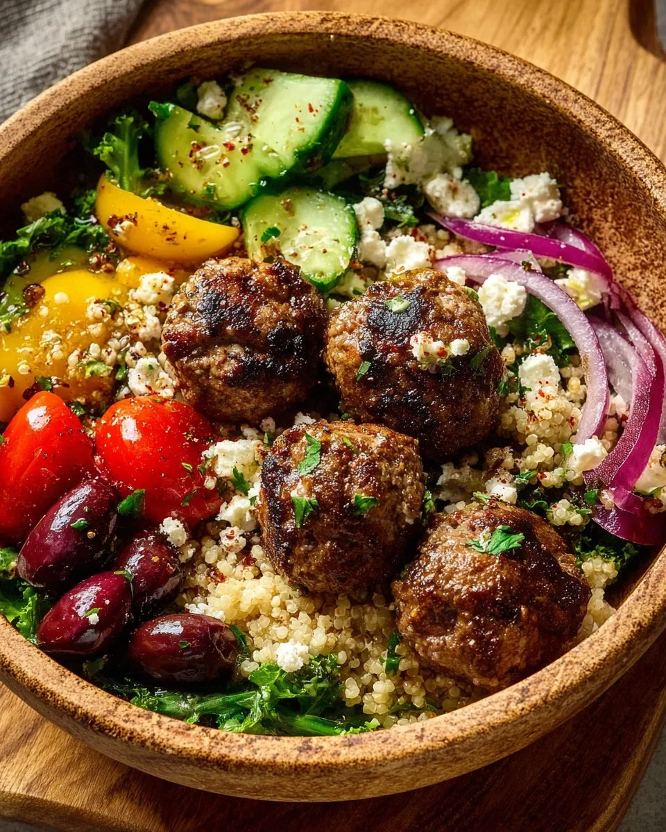Delicious Greek Meatball Bowl with herbs, spices, and fresh ingredients.