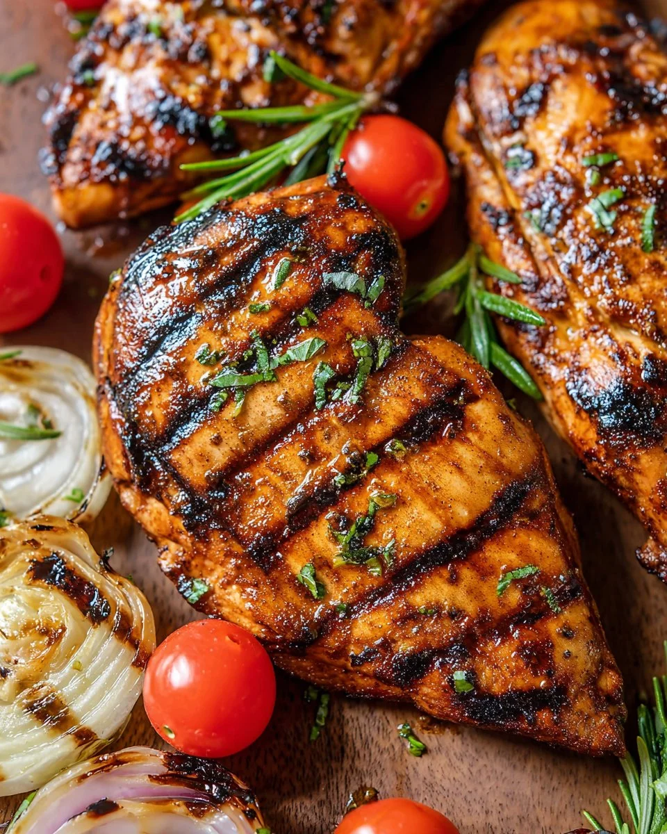 Grilled balsamic chicken served with fresh herbs and vegetables