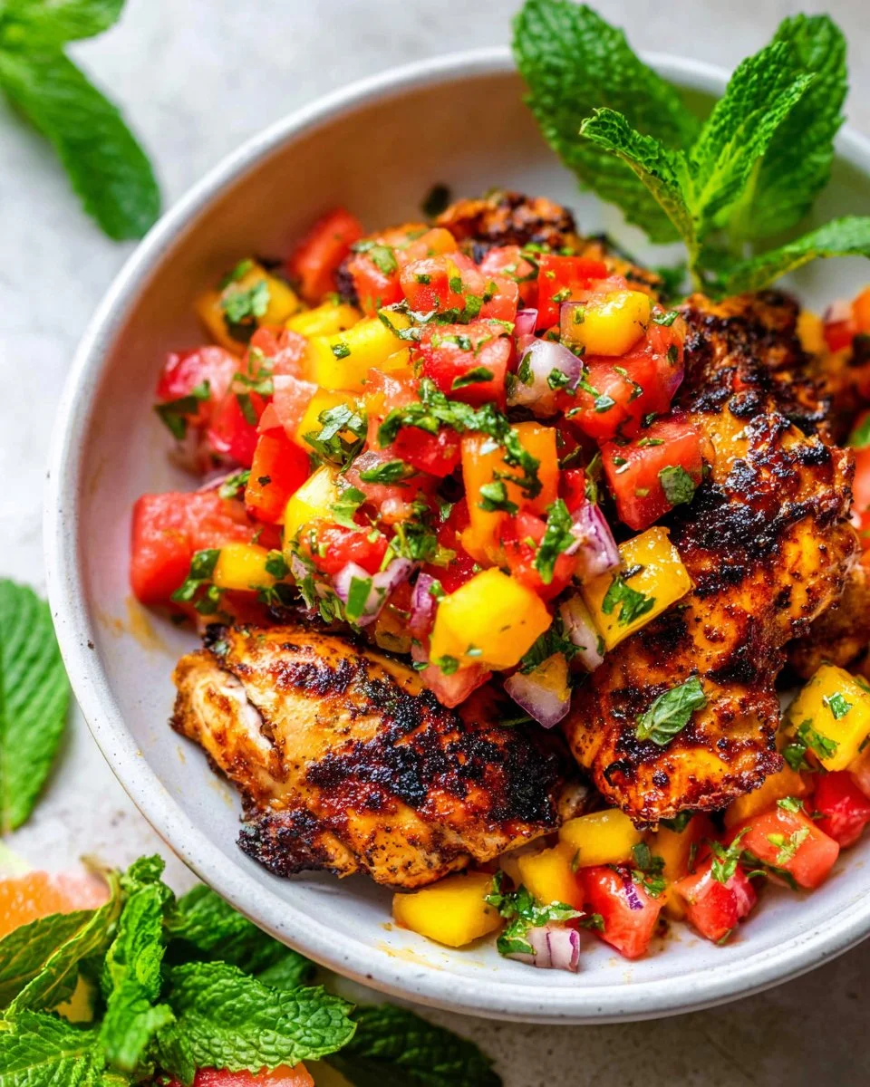Grilled Chicken With Watermelon Mango Mint Salsa