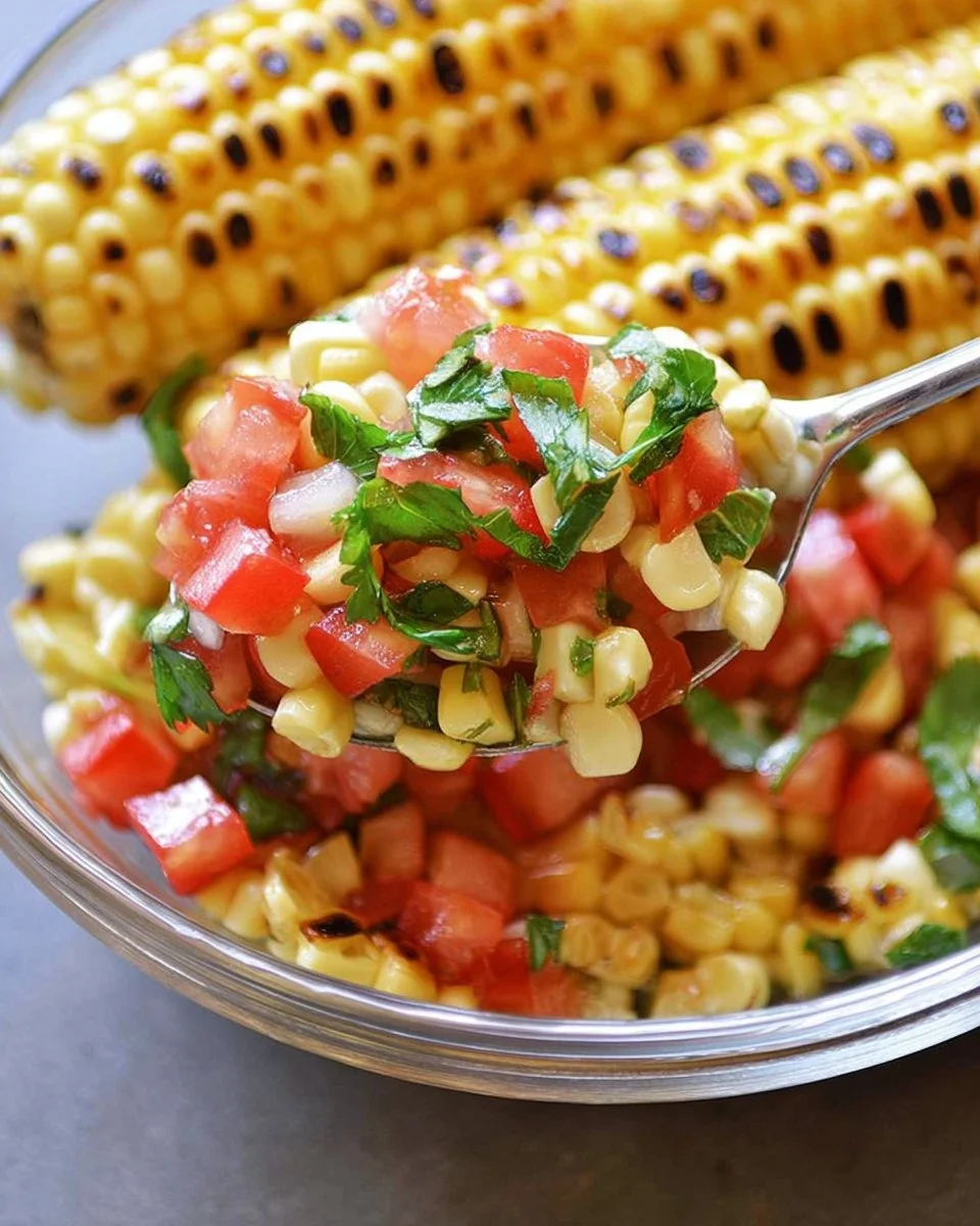 Delicious grilled corn salsa mixing fresh corn, tomatoes, and lime juice