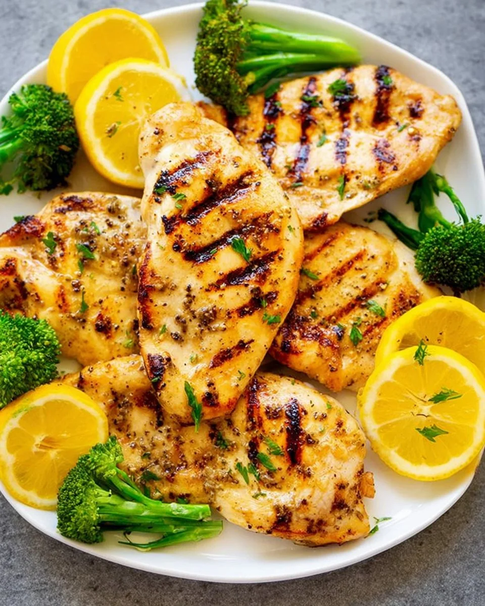 Delicious grilled lemon chicken on a plate garnished with fresh herbs