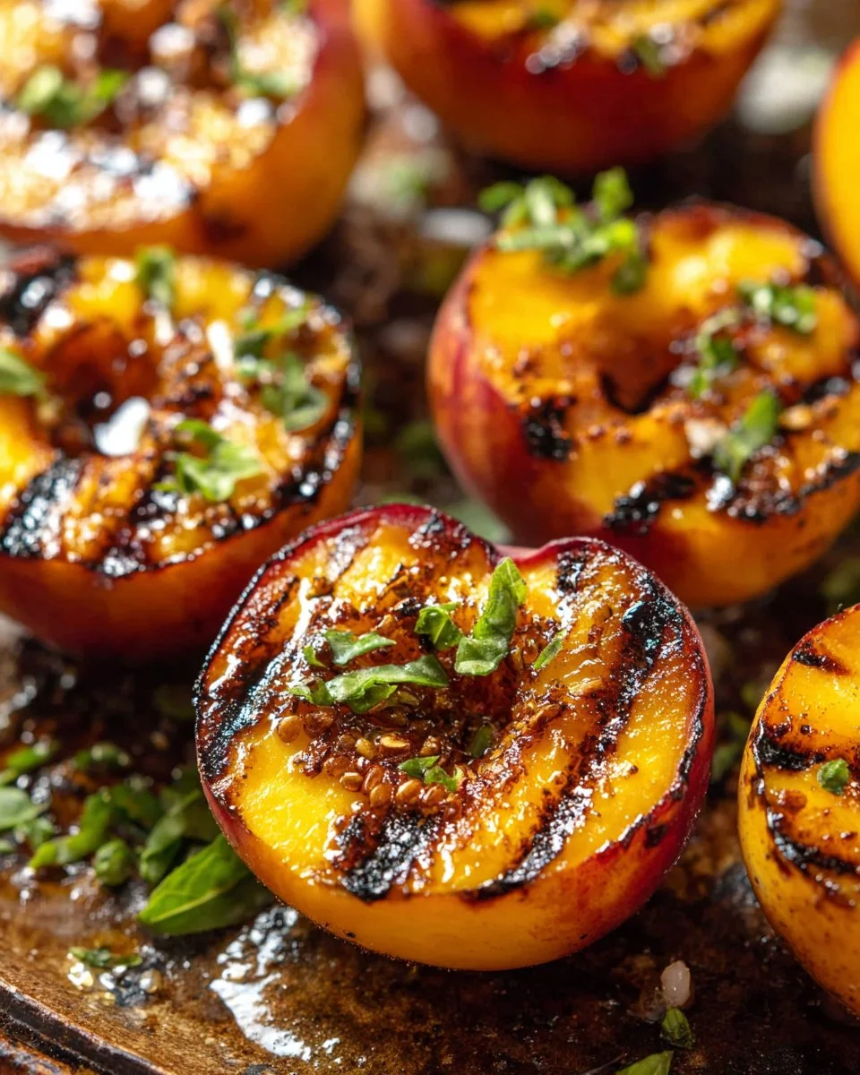 Delicious grilled peaches served with ice cream and mint garnish