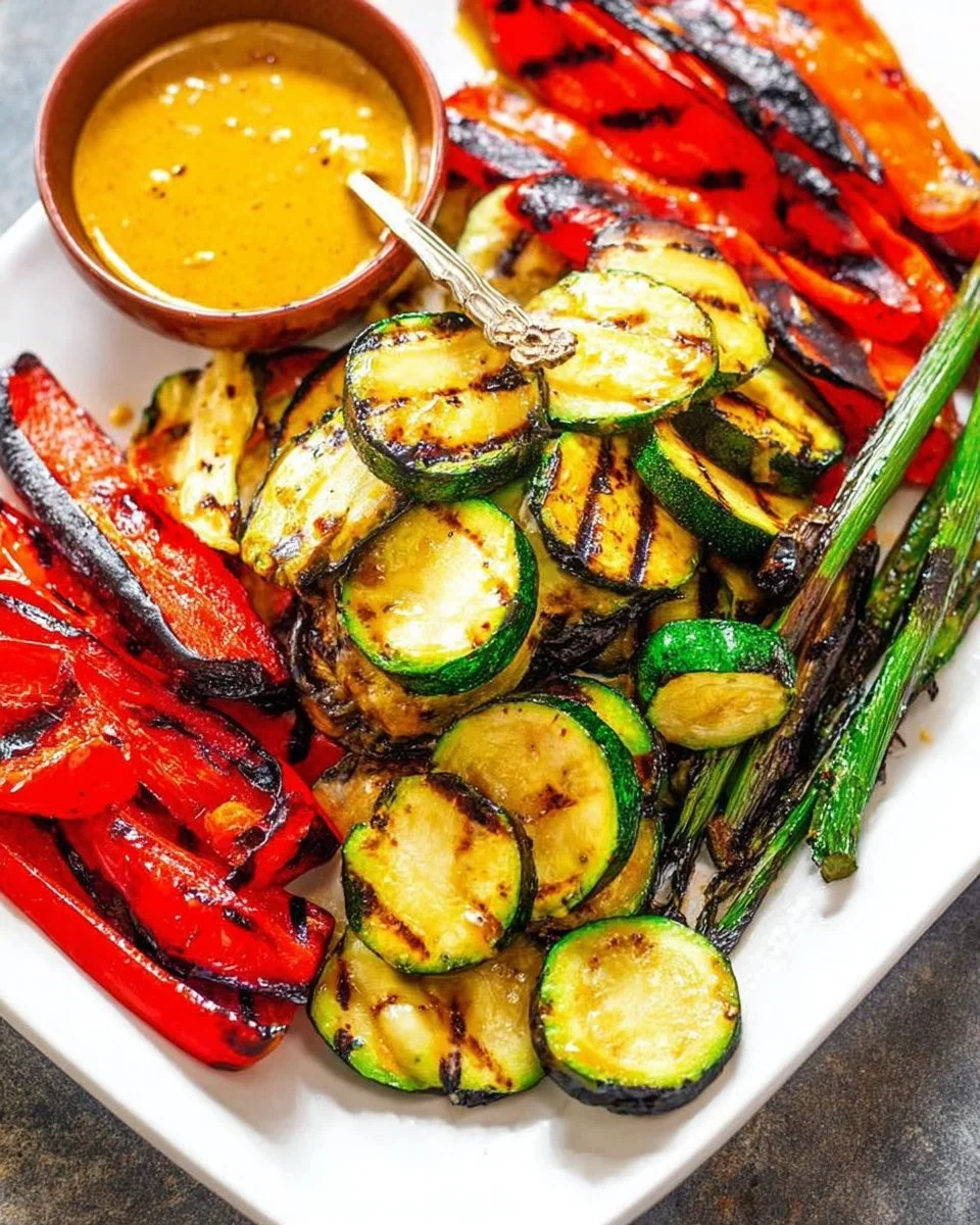 Plate of grilled vegetables with honey mustard dipping sauce for dipping