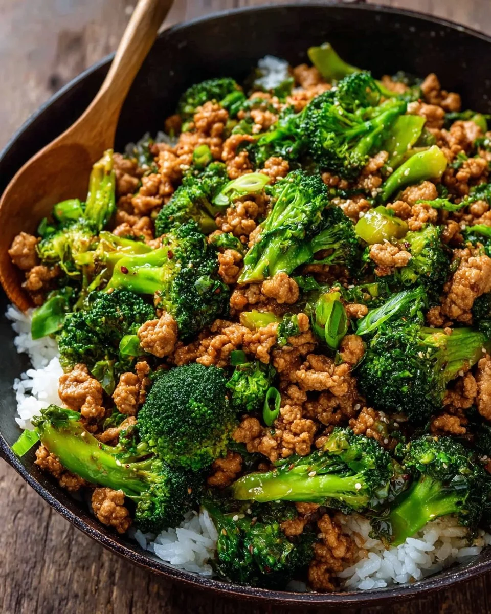 Ground chicken and broccoli stir fry served in a bowl with vegetables