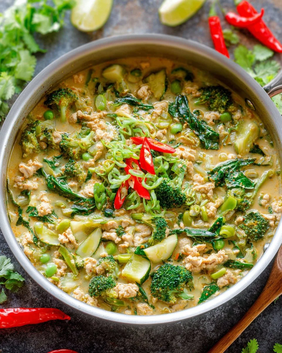 Ground Chicken Green Thai Curry served in a bowl with fresh herbs on top