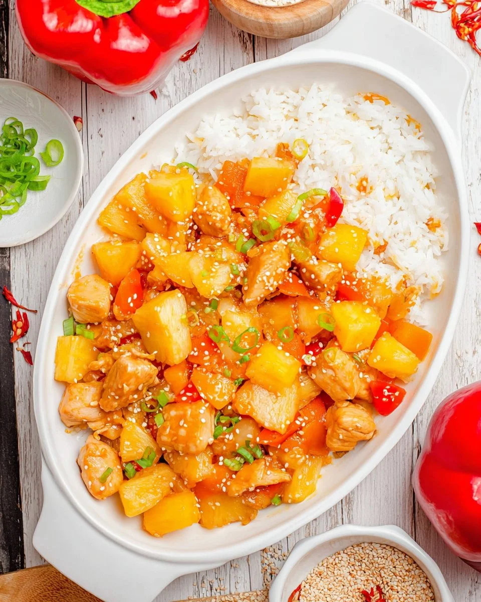Delicious Hawaiian Pineapple Chicken Skillet topped with fresh pineapple slices.
