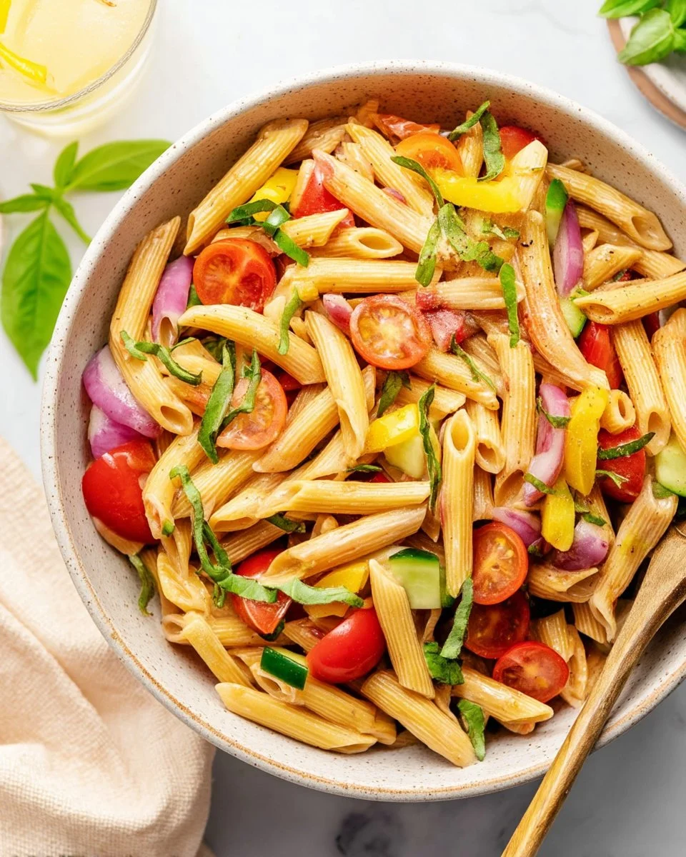 Colorful and healthy pasta salad with fresh vegetables and dressing
