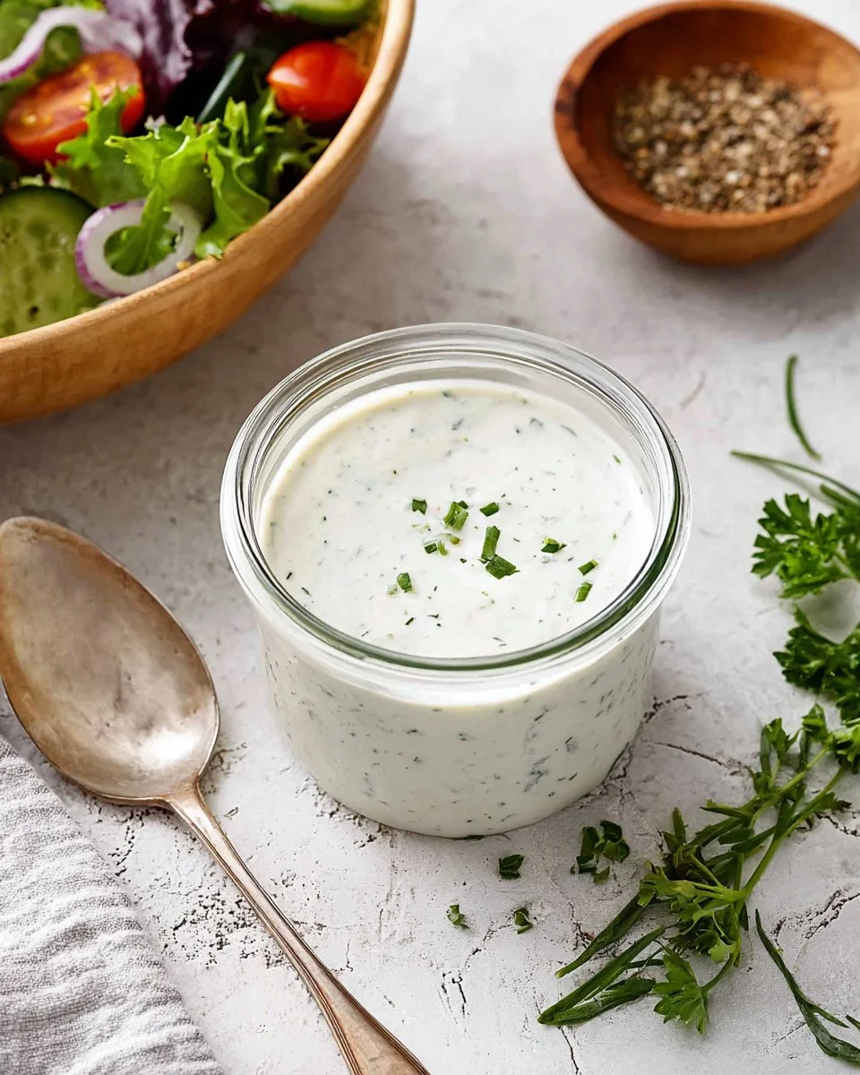 Bowl of homemade ranch dressing with fresh herbs and vegetables