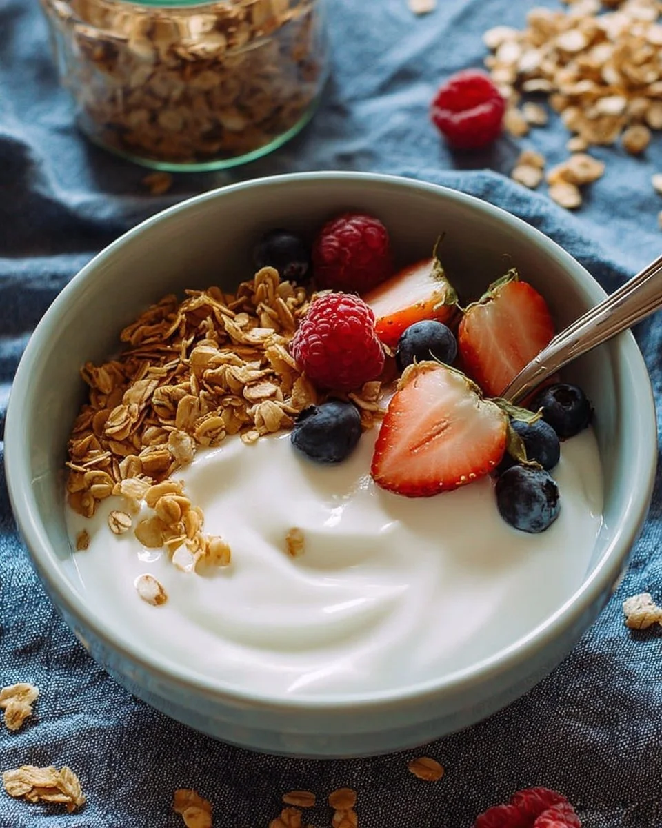 Bowl of creamy homemade yogurt topped with fresh fruit and honey