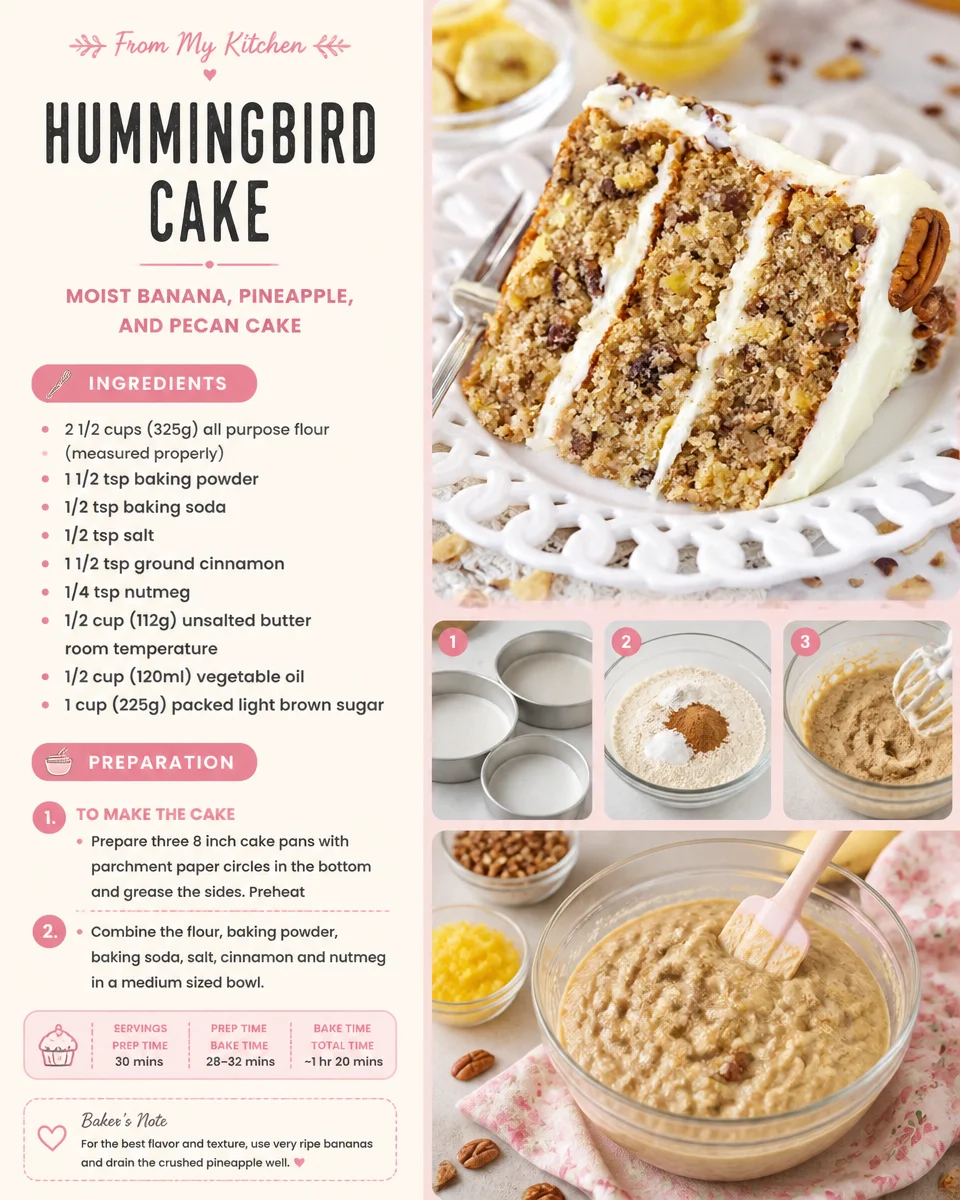 Slice of Hummingbird Cake topped with cream cheese frosting and garnished with pecans.
