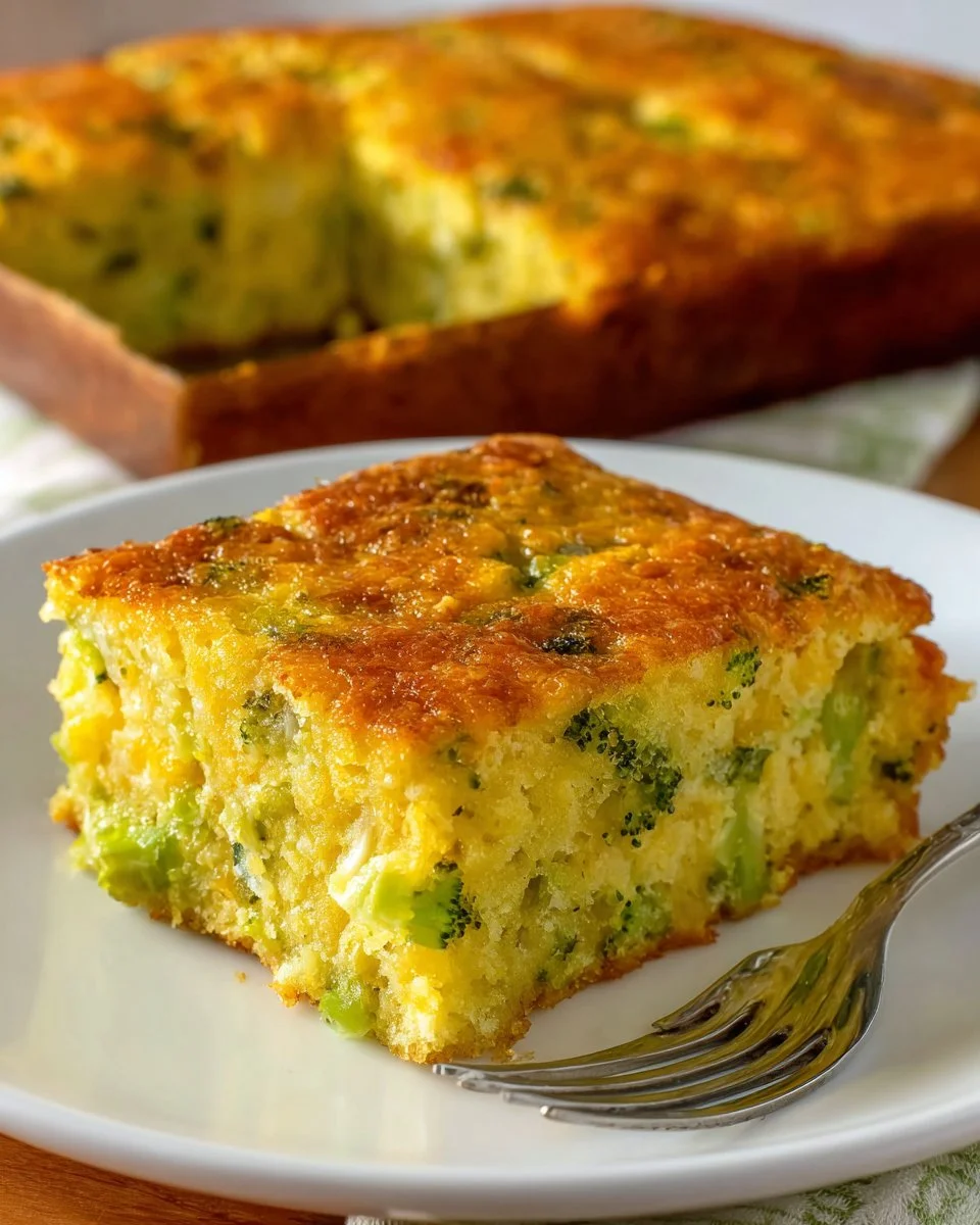 Jiffy Broccoli Cornbread fresh out of the oven, golden and fluffy.