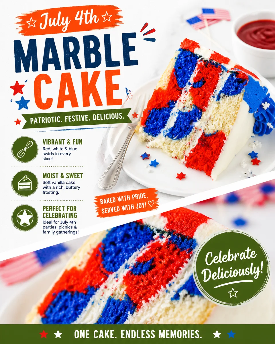 July 4th Marble Cake decorated with red, white, and blue frosting