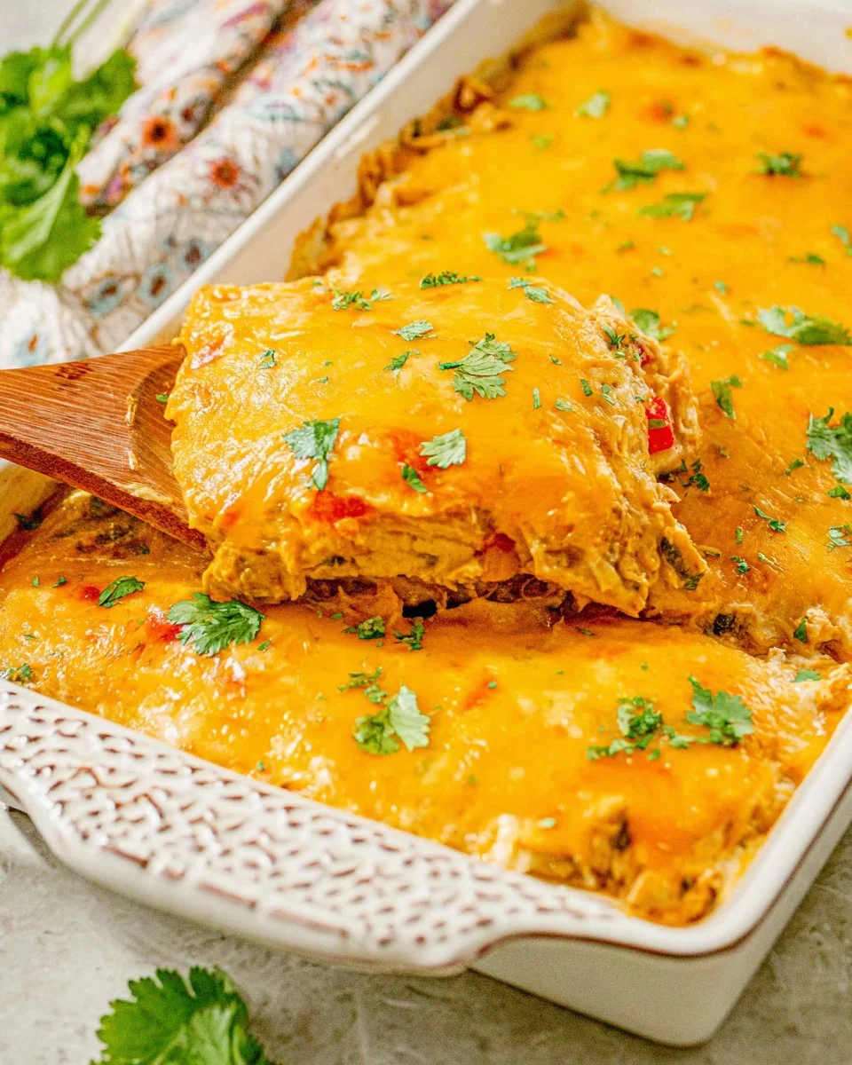 Delicious King Ranch Chicken casserole topped with cheese and served hot.