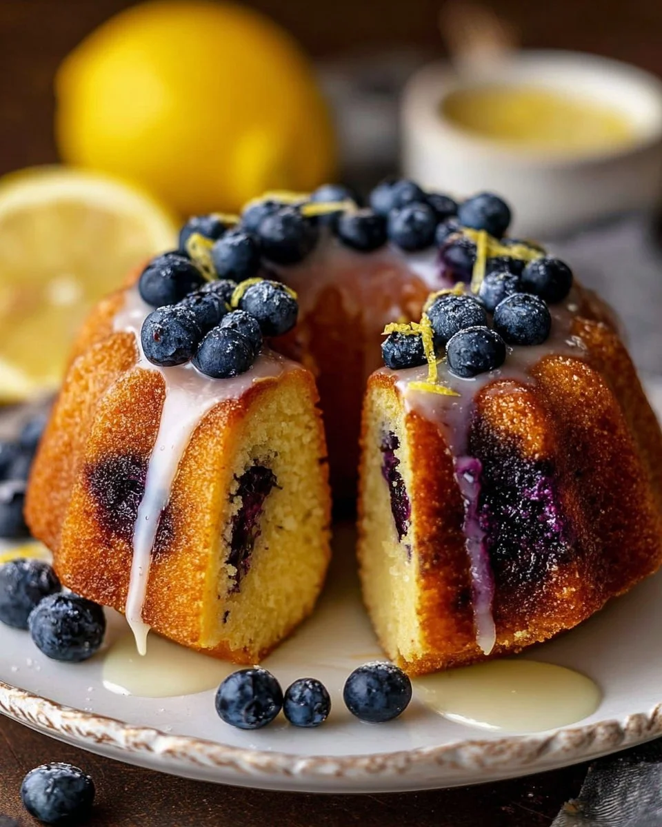 Lemon Blueberry Bundt Cake with fresh blueberries and lemon glaze