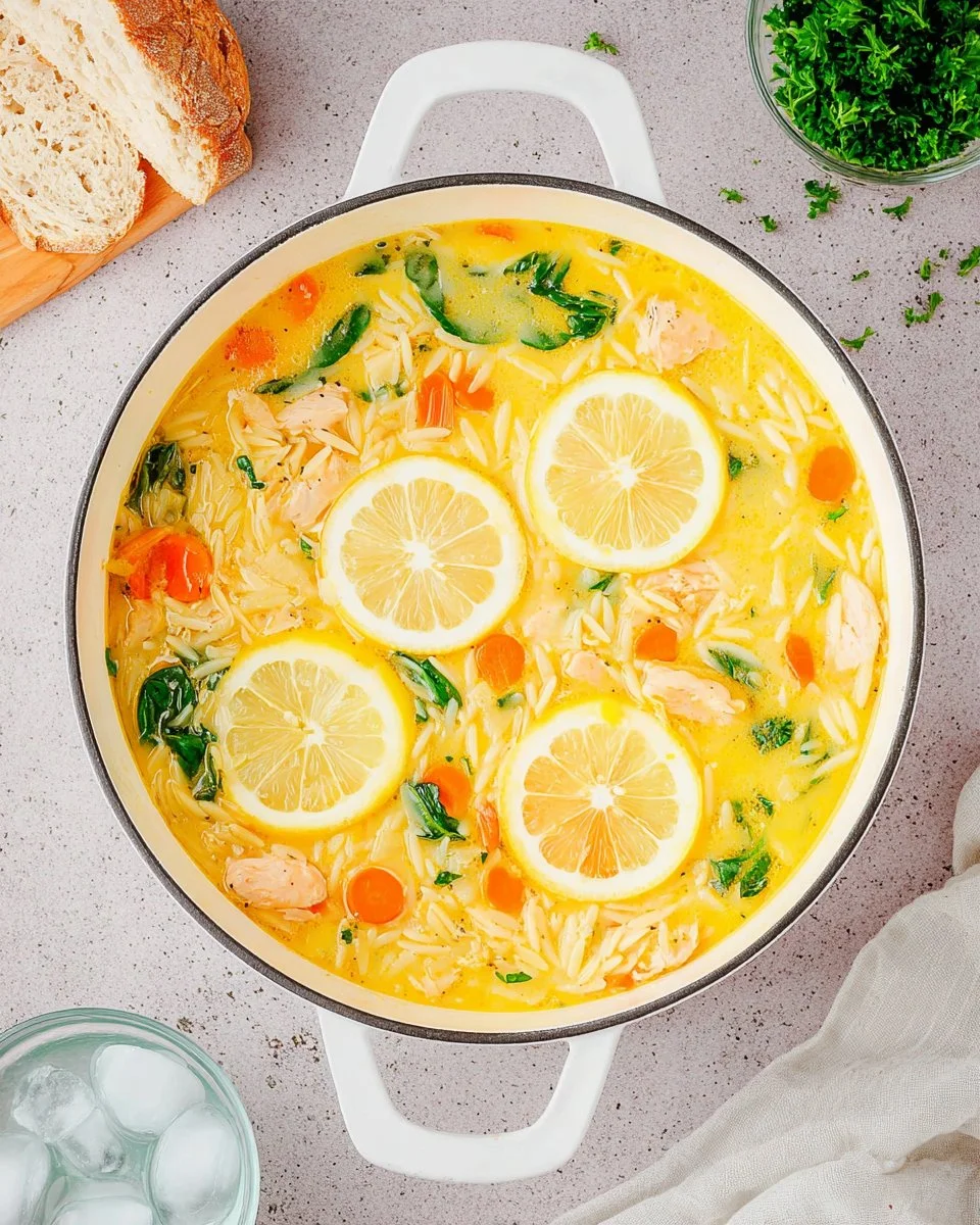 Bowl of Lemon Chicken Orzo Soup garnished with fresh herbs