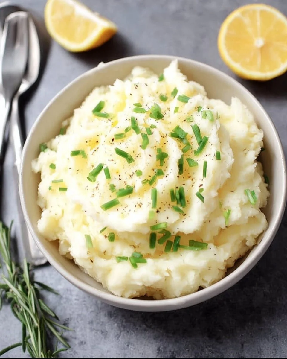 Plate of creamy lemon mashed potatoes garnished with lemon zest