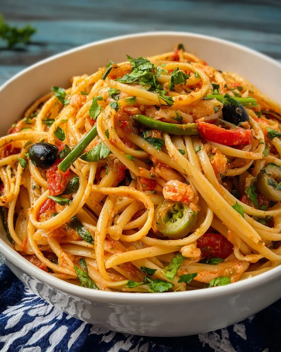 Colorful bowl of Linguine Pasta Salad with fresh vegetables and herbs