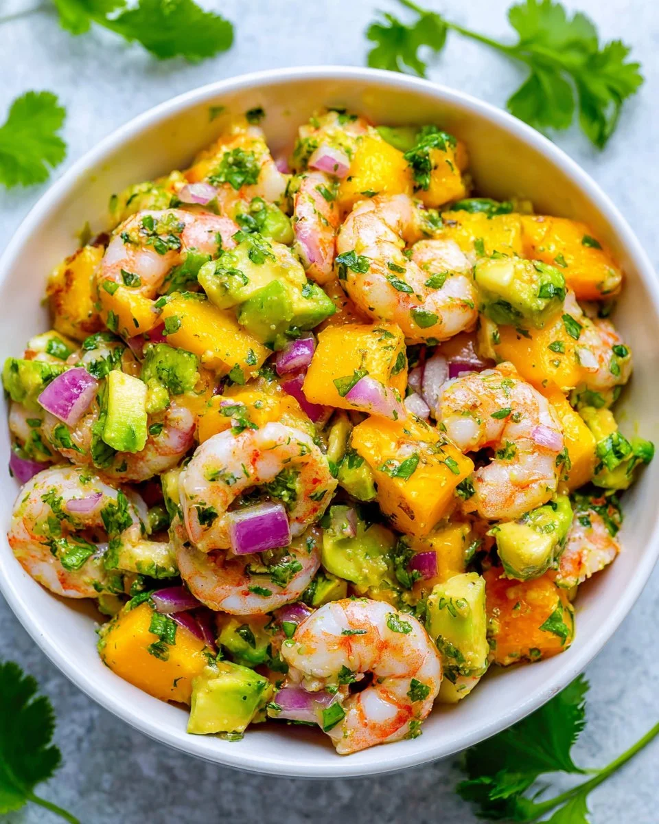 Mango Pineapple Shrimp Salad garnished with fresh herbs and vibrant fruits