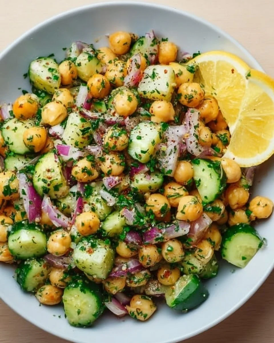 Marinated chickpea cucumber salad with fresh ingredients and vibrant colors